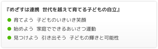 『めざすは連携　世代を越えて育てる子どもの自立』○育てよう　子どものいきいき笑顔　○始めよう　家庭でできるあいさつ運動　○見つけよう　引き出そう　子どもの輝きと可能性